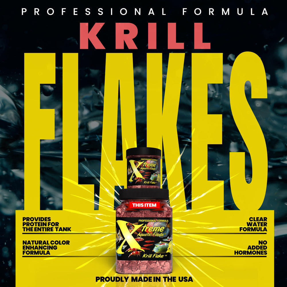 Xtreme Aquatic Foods Krill Flakes ingredients highlight krill and shrimp for complete nutrition.