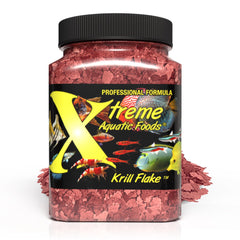 Xtreme Aquatic Foods Krill Flakes packaging highlights premium freshwater diet for vibrant color.