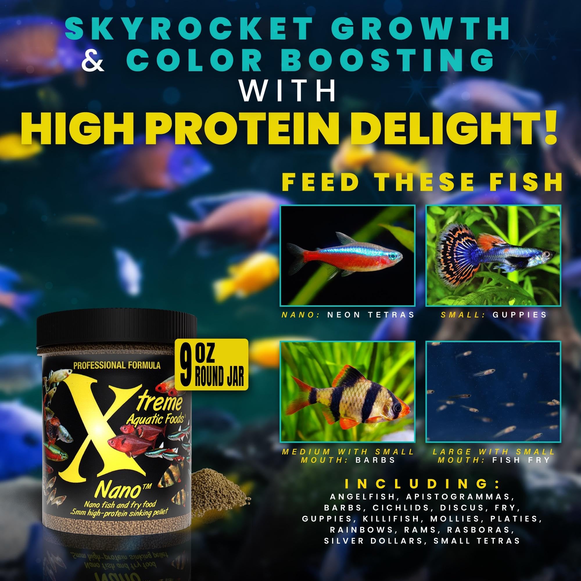 Pellets dispersing in water from Xtreme Nano 0.5mm feed for small tanks