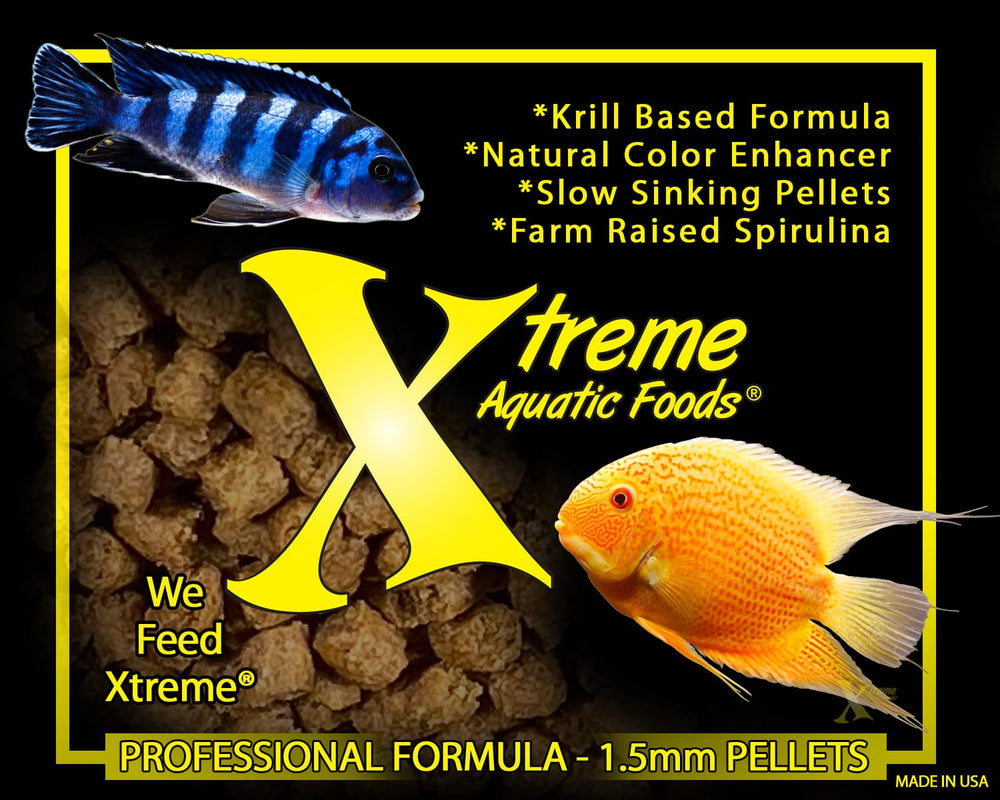 Xtreme Cichlid PeeWee pellets bag closeup highlights premium ingredients for color health.