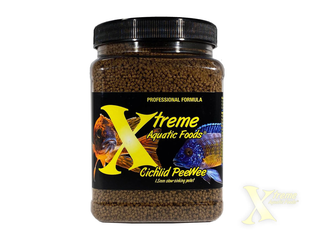 Xtreme Cichlid PeeWee pellets close-up showing 1-5mm size for all cichlids.