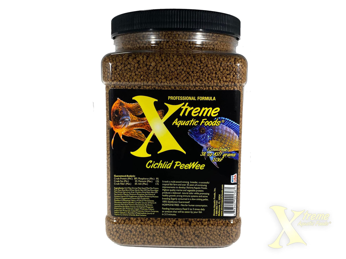 Xtreme Cichlid PeeWee pellets packaging shows USA-made quality for balanced nutrition.