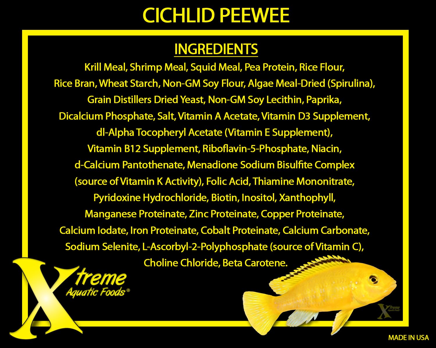 Xtreme PeeWee pellets USA-made with spirulina and vitamins.
