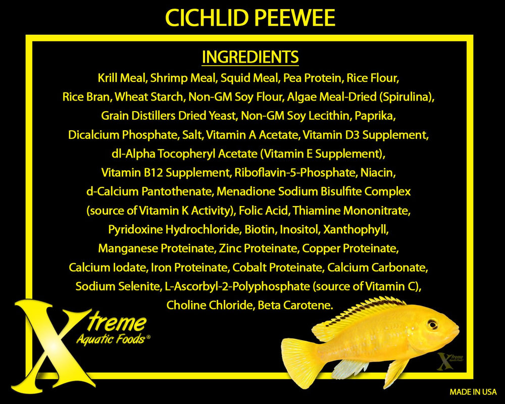 Xtreme PeeWee pellets USA-made with spirulina and vitamins.
