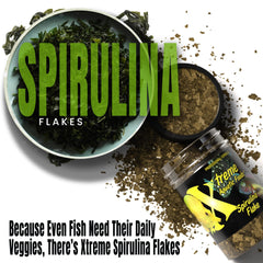 Xtreme Aquatic Foods Spirulina Flakes color boost visible under aquarium lighting.