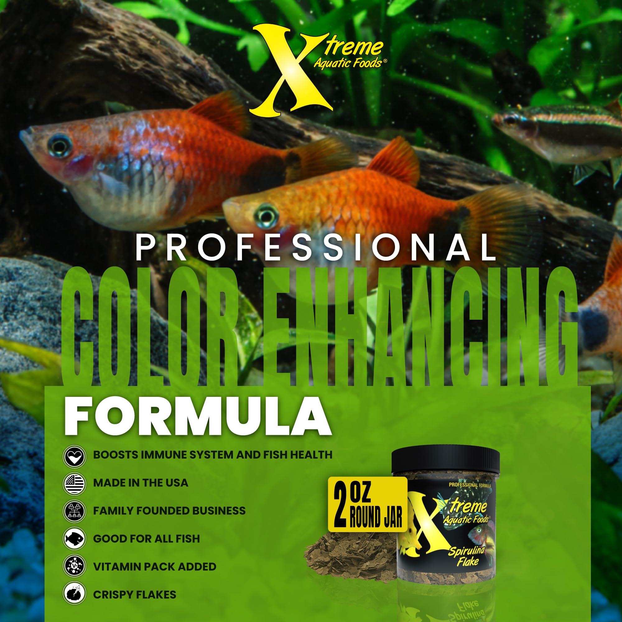 Xtreme Aquatic Foods Spirulina Flakes digestible proteins for reduced waste in the tank.