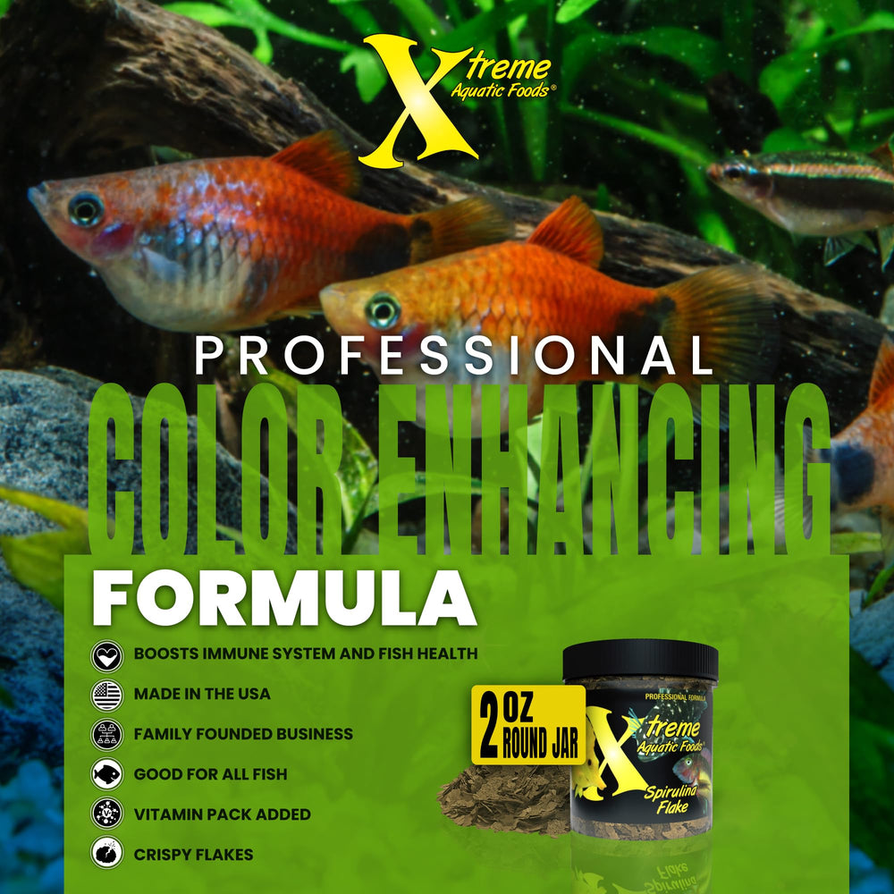 Xtreme Aquatic Foods Spirulina Flakes digestible proteins for reduced waste in the tank.