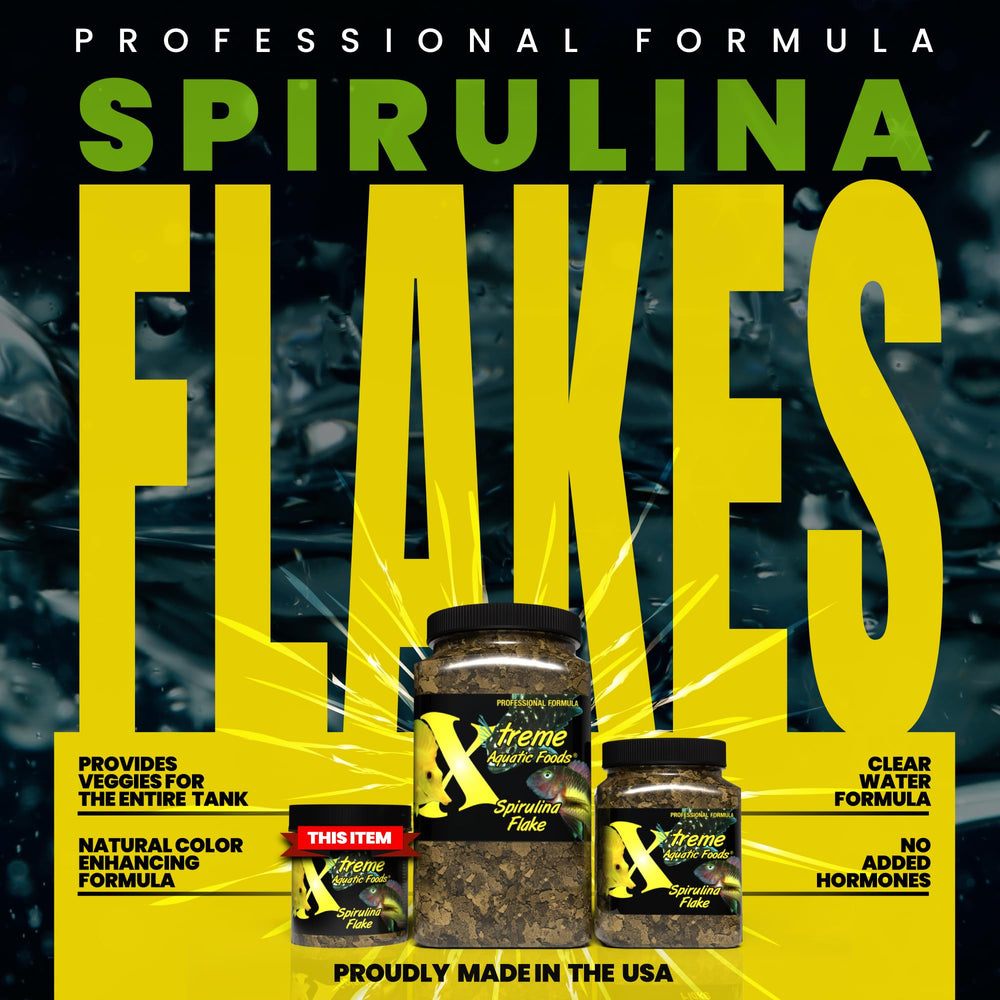 Xtreme Aquatic Foods Spirulina Flakes dispensing shot shows easy feeding and minimal mess.