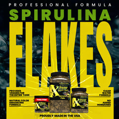 Xtreme Aquatic Foods Spirulina Flakes dispensing shot shows easy feeding and minimal mess.