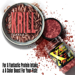 Xtreme Krill Flakes color-boosting flakes seen on vibrant fish.