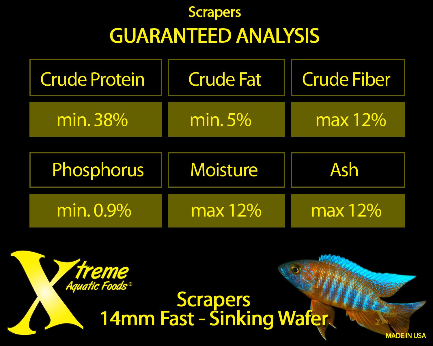 Xtreme Scrapers Wafers kelp shrimp spirulina mix emphasizes nutrient-rich blend.
