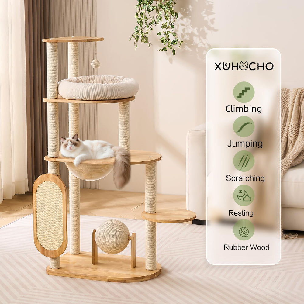 XUHOCHO cat tree space capsule offers a private hideaway for nap sessions.