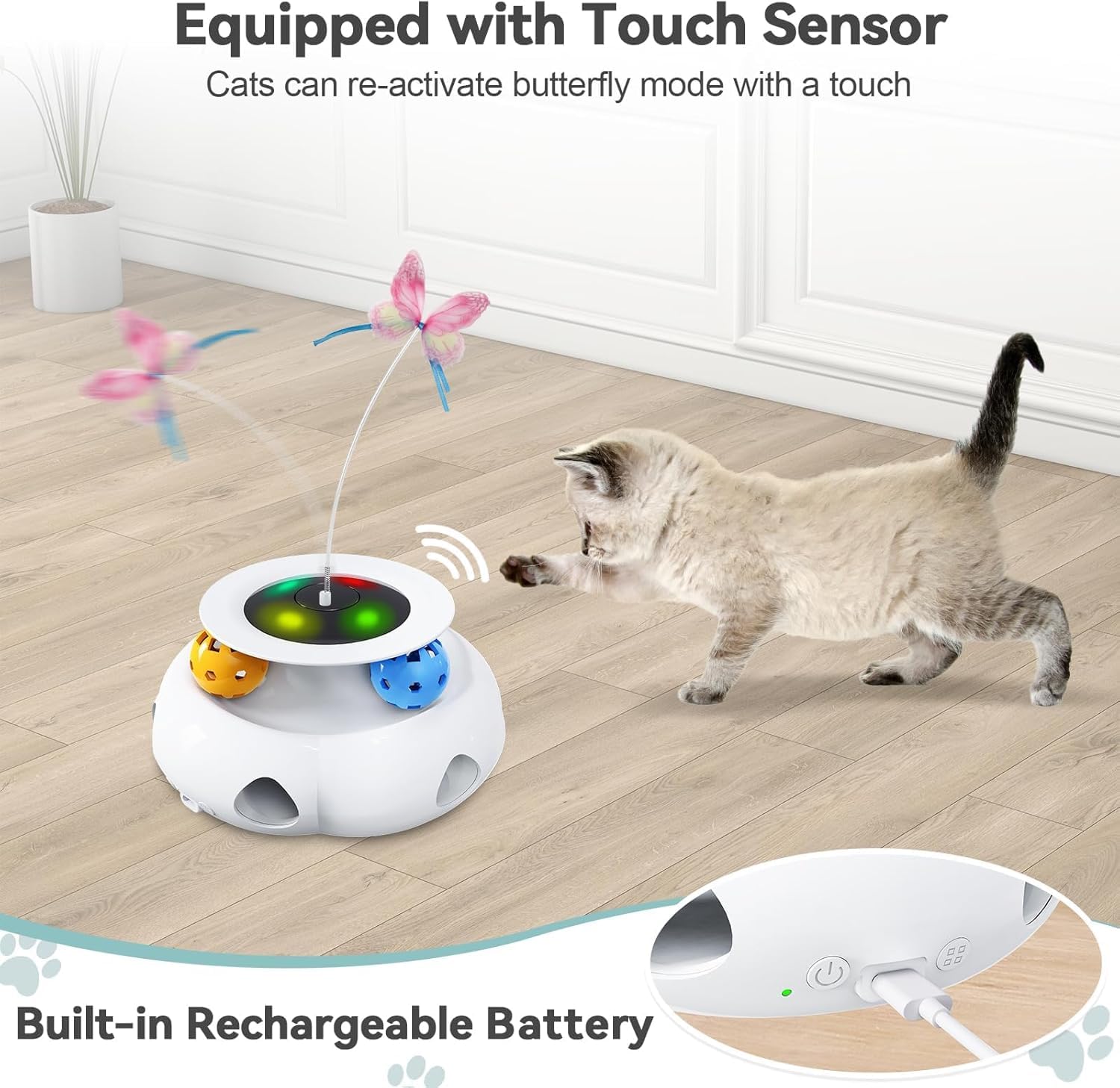 Xuyub USB rechargeable cat toy supports longer play sessions and easy charging.