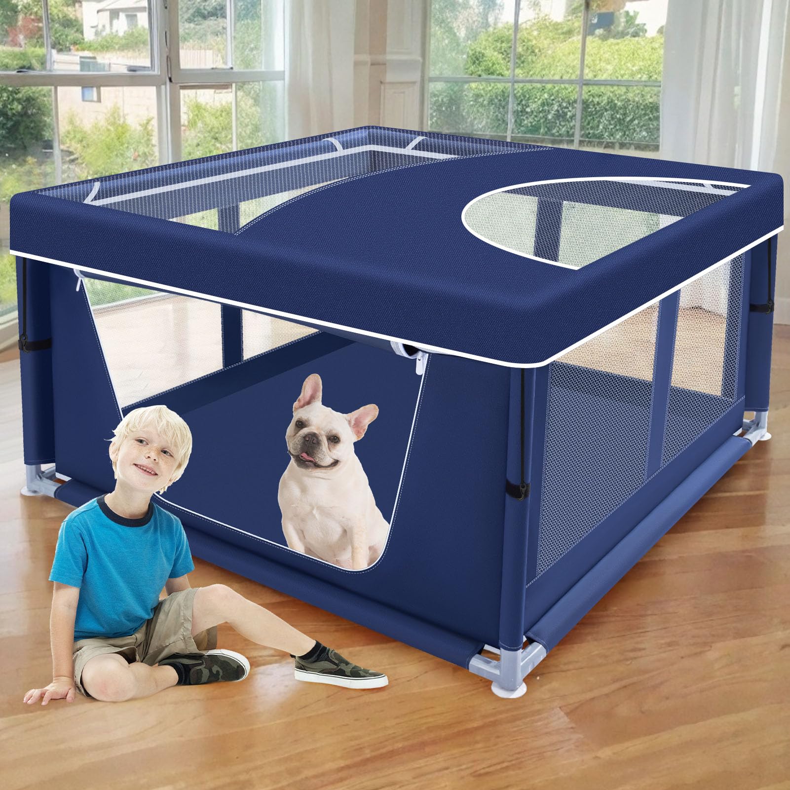 XVISHX puppy playpen cover setup for easy indoor use and safety.