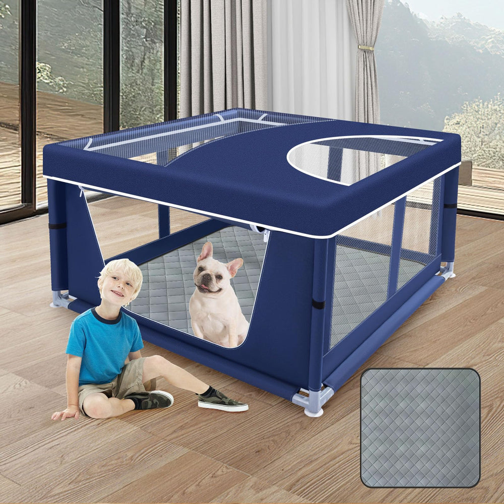 XVISHX puppy playpen cover provides shade for outdoor play.