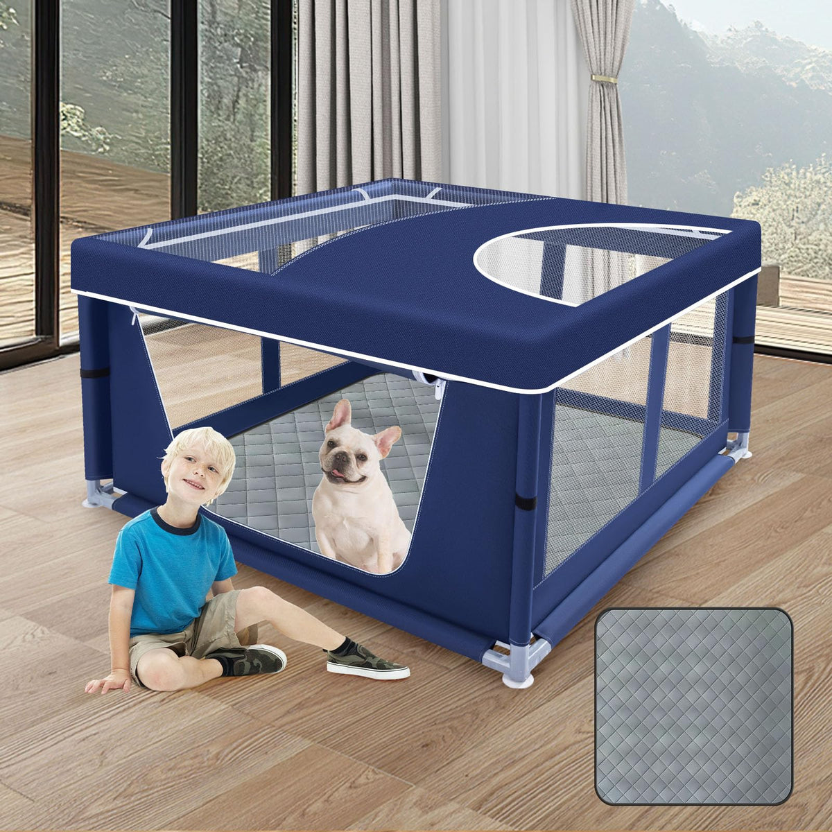 XVISHX puppy playpen cover provides shade for outdoor play.