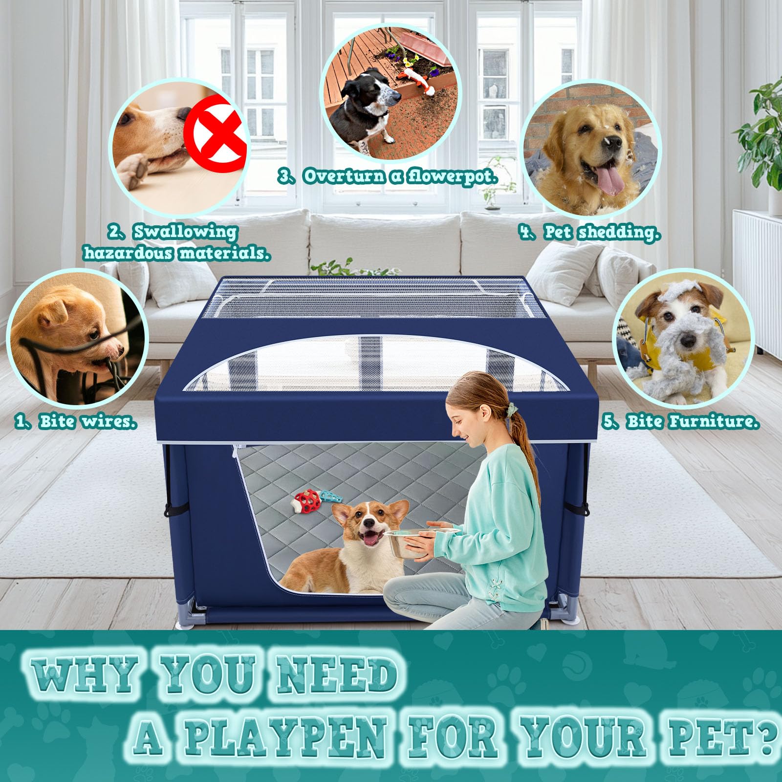 XVISHX puppy playpen setup shows tool-free assembly for quick setup.