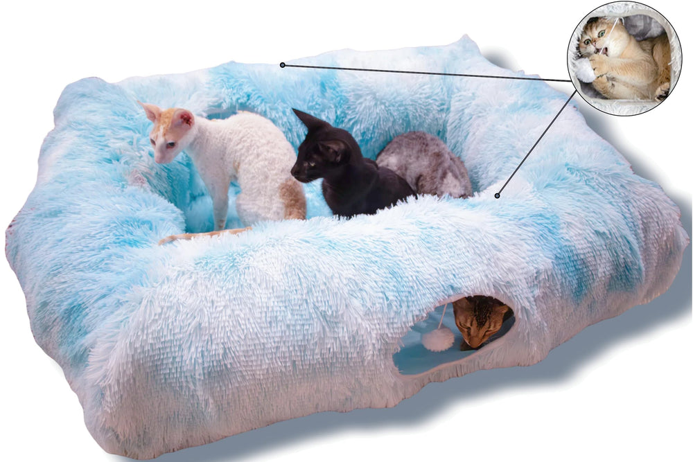 XxingSheep 4-Cave XL cat tunnel bed in azure offers spacious lounging for indoor cats.