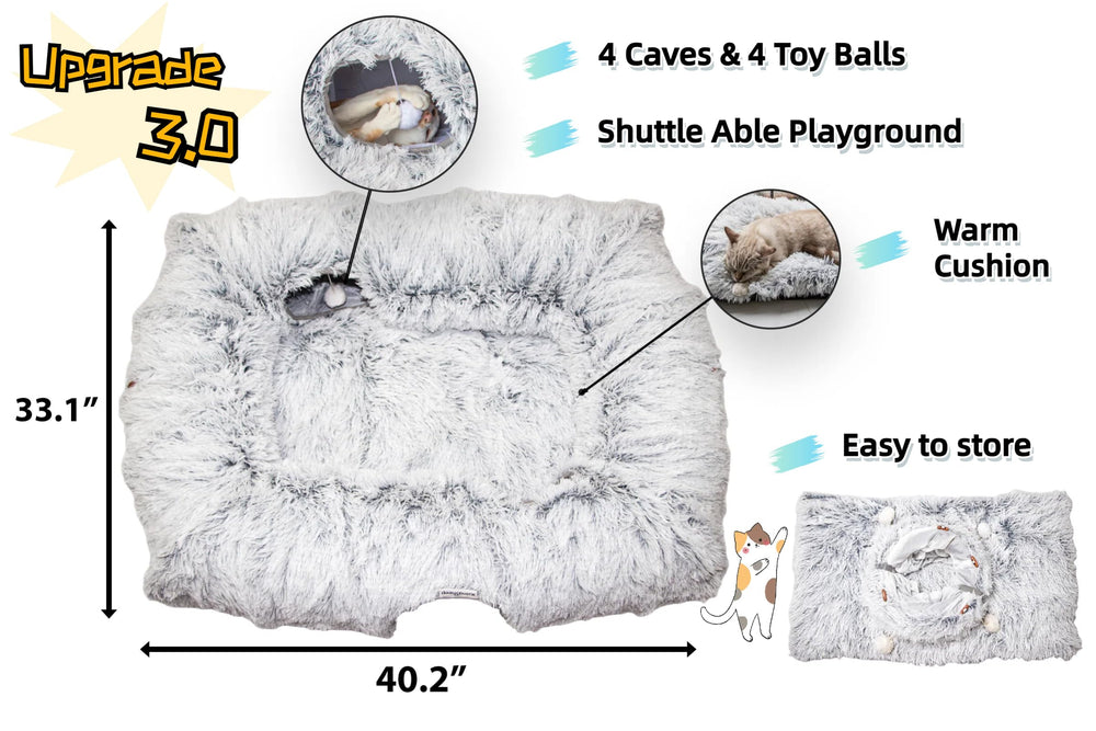 XxingSheep cat toy bed includes dangling balls for supervised stimulation.