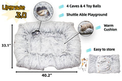 XxingSheep cat toy bed includes dangling balls for supervised stimulation.