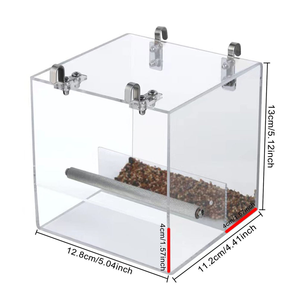 Xxmbbjy Automatic acrylic bird feeder side view demonstrates easy feeding access for small parrots.