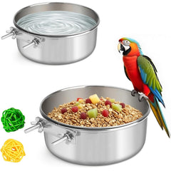 Xxmbbjy stainless steel bird bowl with clip for secure hydration.