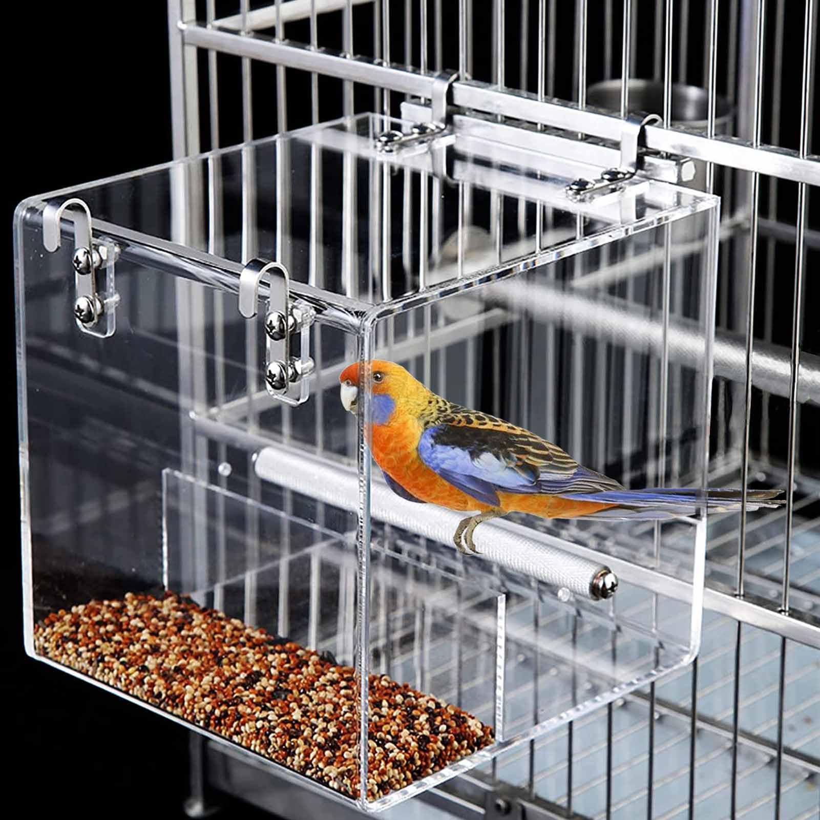 Xxmbbjy No Mess Bird Feeder cage front view shows tidy feeding for small birds.