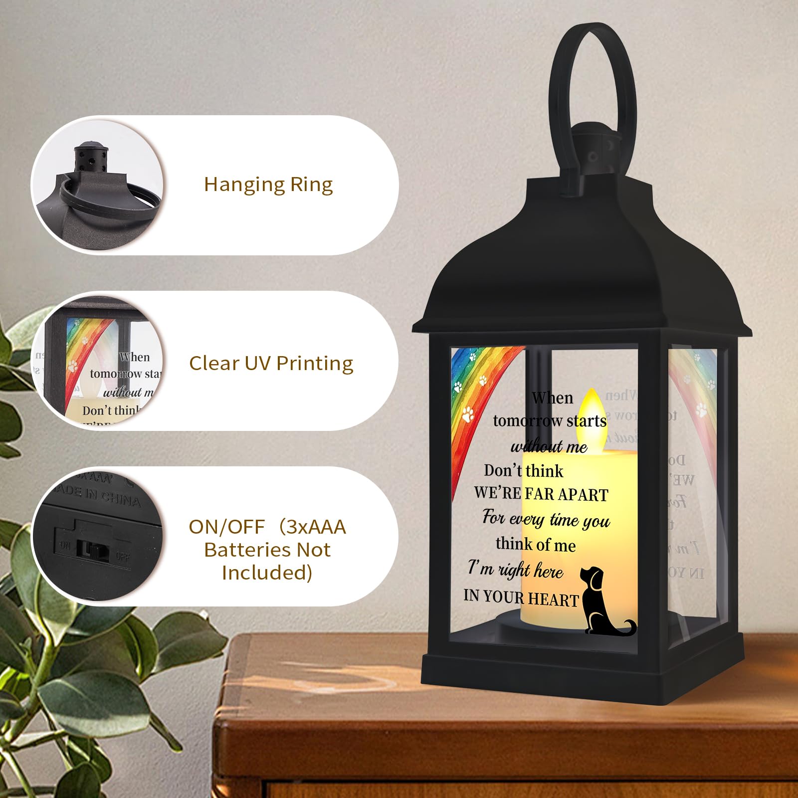 XXSTAR dog memorial lantern with glass sides illuminated for bright, reflective moments.