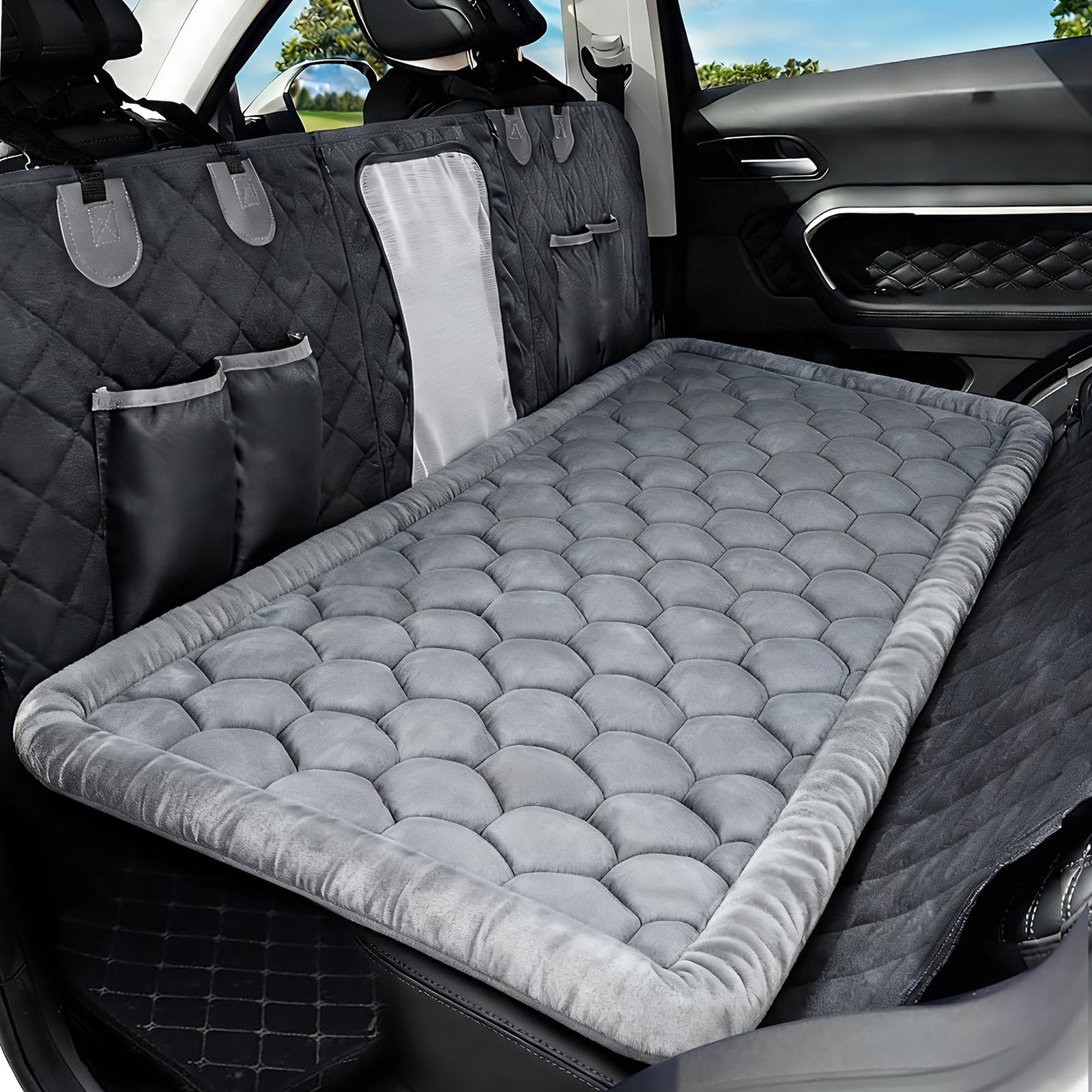 XYDongtong dog bed car back-seat cover front view highlights cozy fabric for comfortable rides