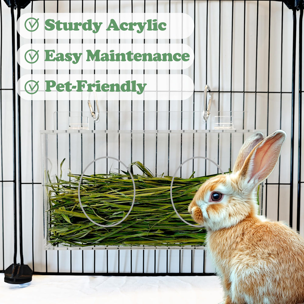 Xymoso space-saving rabbit hay feeder fits tight cages.