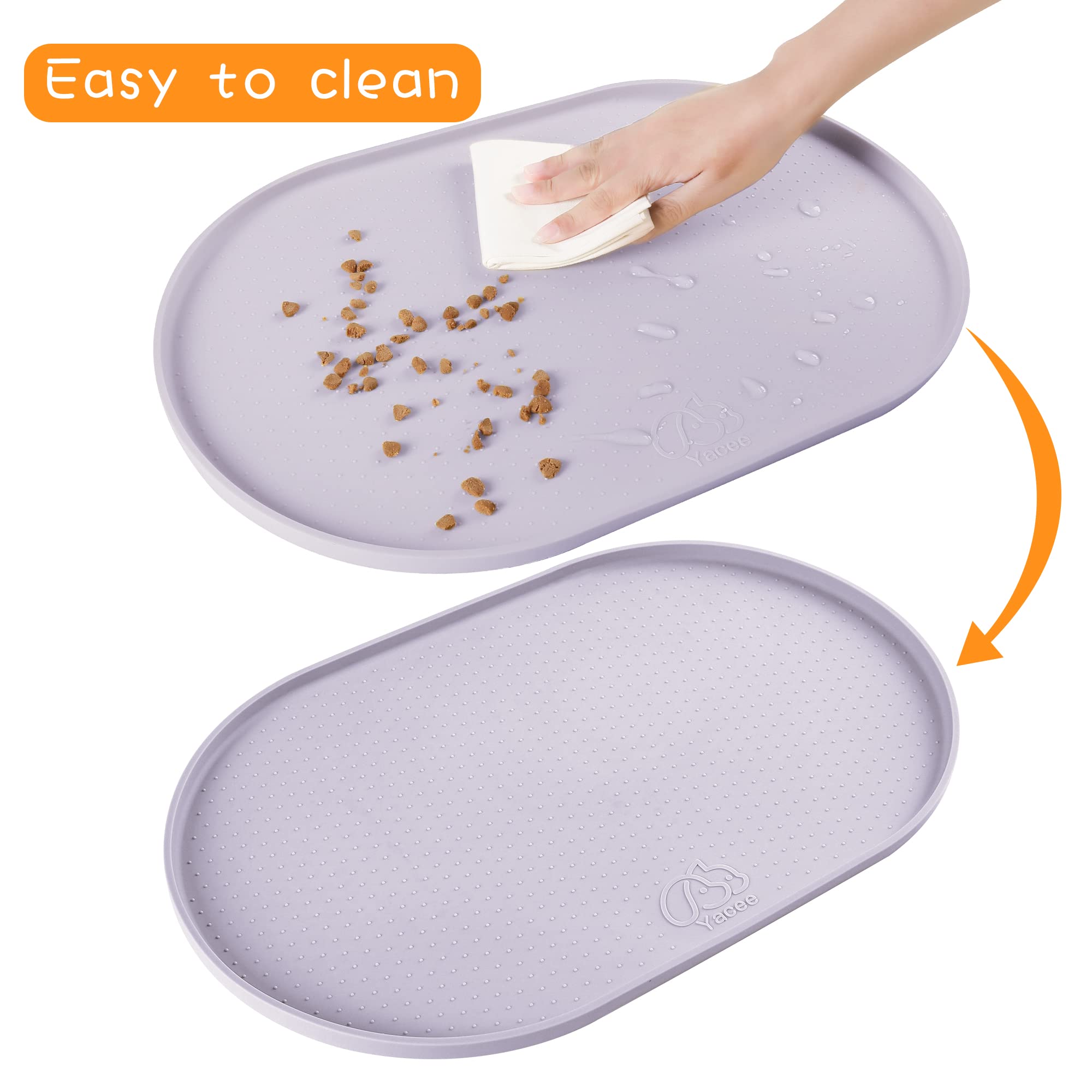 Yacee anti-slip pet mat under bowls reduces sliding during feeding sessions.
