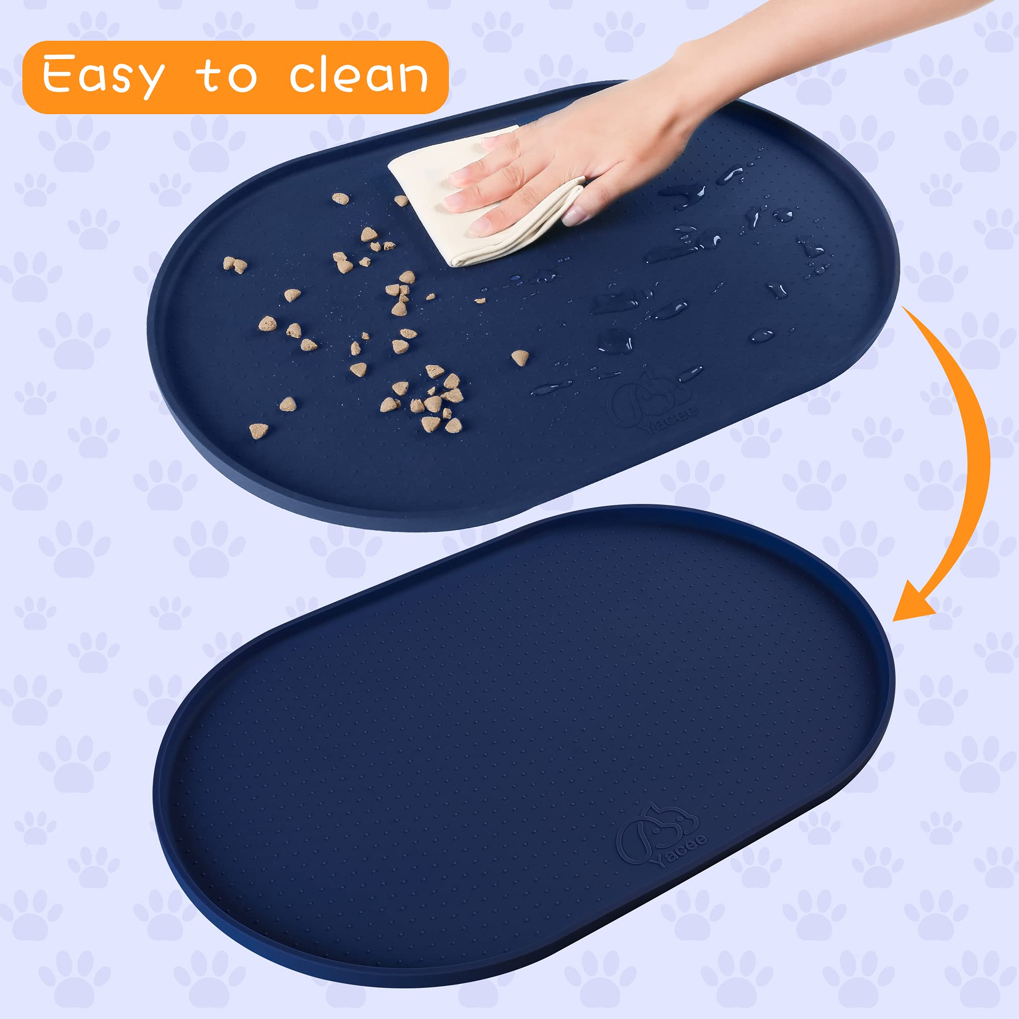 Yacee dishwasher-safe feeding mat under bowls shows easy cleanup after meals.
