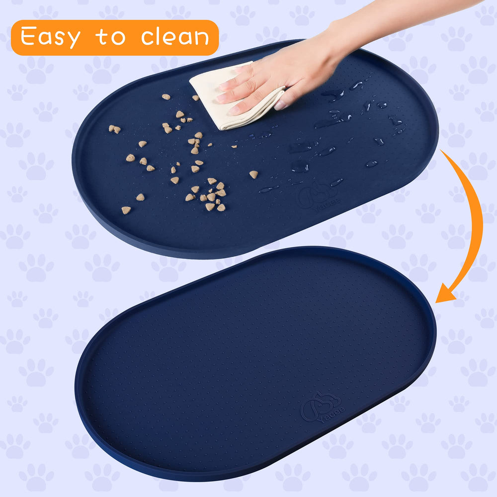 Yacee dishwasher-safe feeding mat under bowls shows easy cleanup after meals.