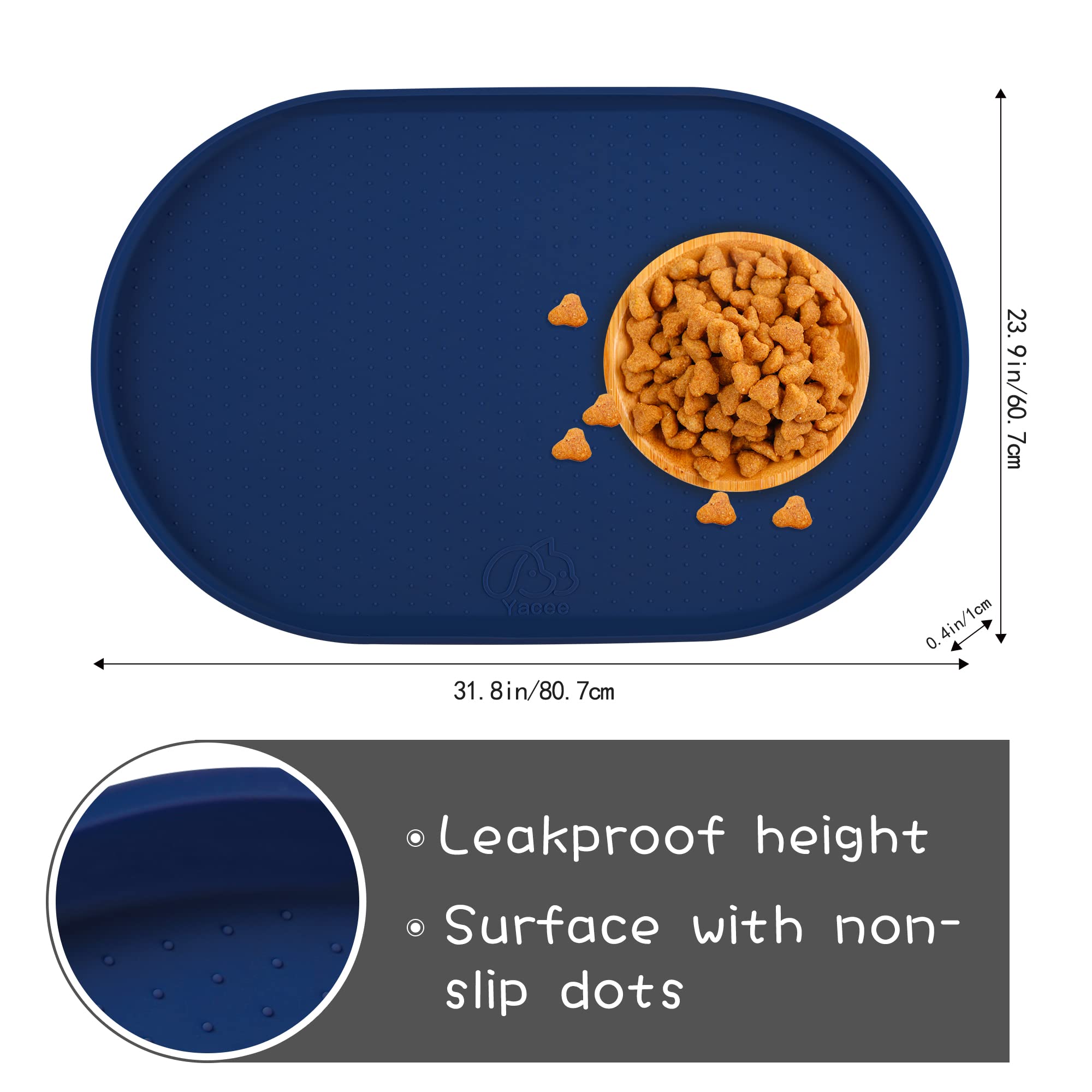 Yacee raised-edge dog bowl mat demonstrates spill containment for tidy floors.