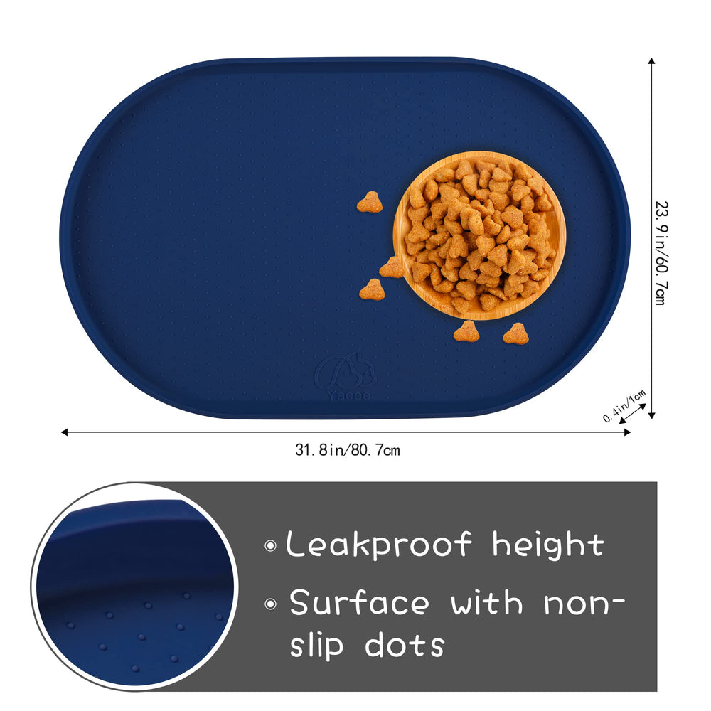 Yacee raised-edge dog bowl mat demonstrates spill containment for tidy floors.