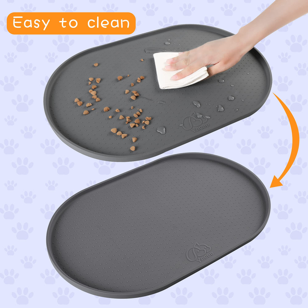 Yacee raised-edge mat under bowls protects floors and contains crumbs and drips.