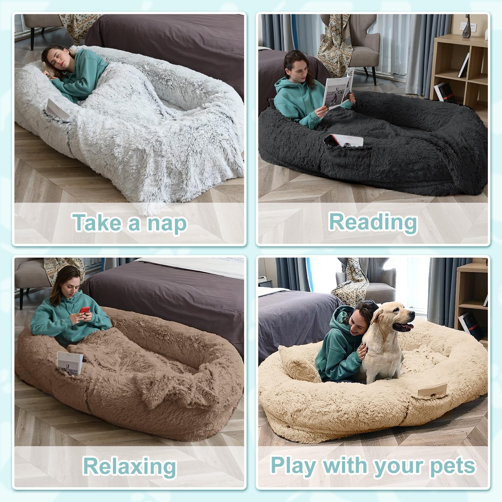 YAEM human dog bed complete set includes blanket, pillow, and strap
