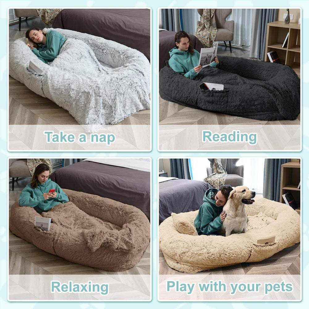 YAEM human dog bed complete set includes blanket, pillow, and strap