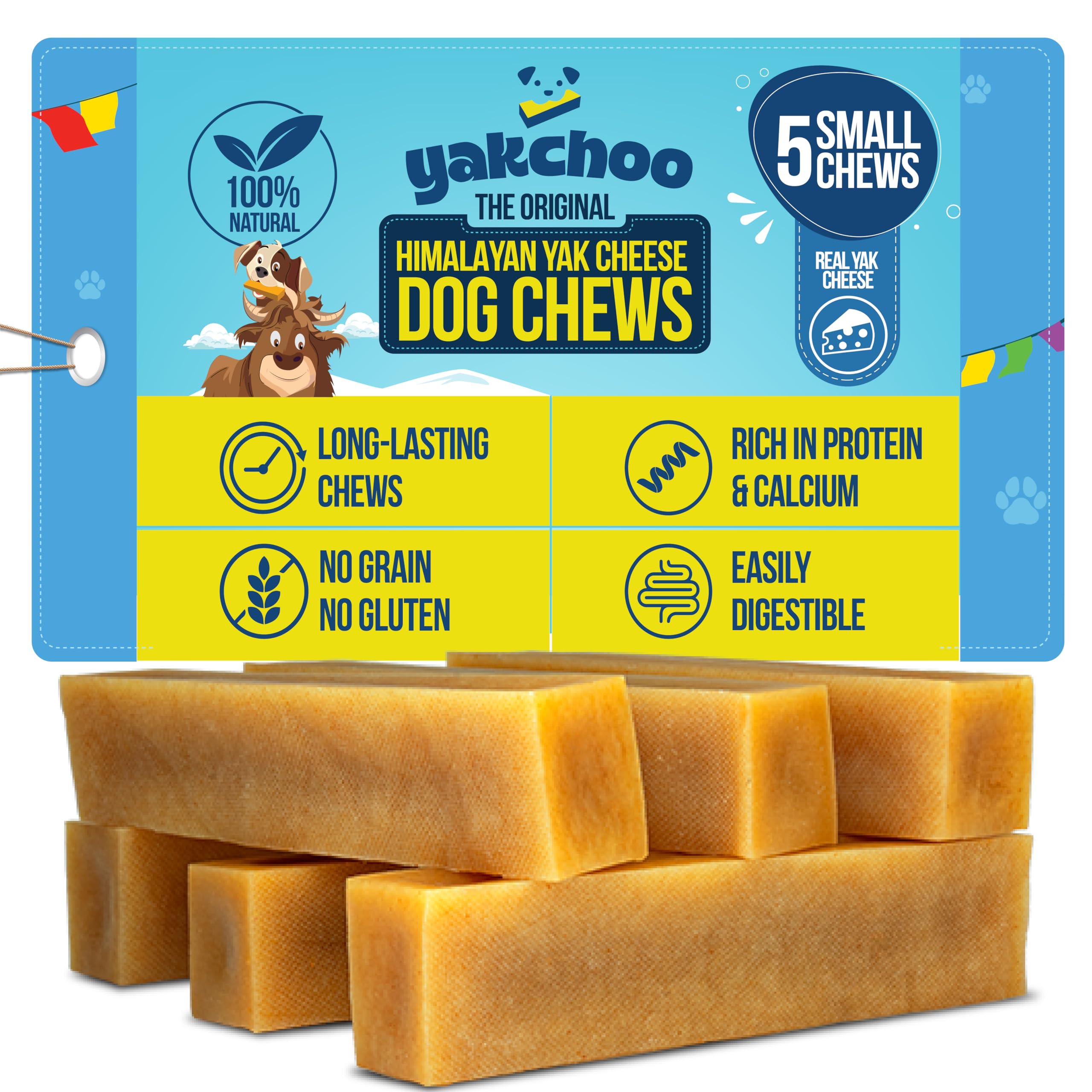 Yakchoo Real Himalayan Dog Chews packaging highlights natural ingredients and clean design.