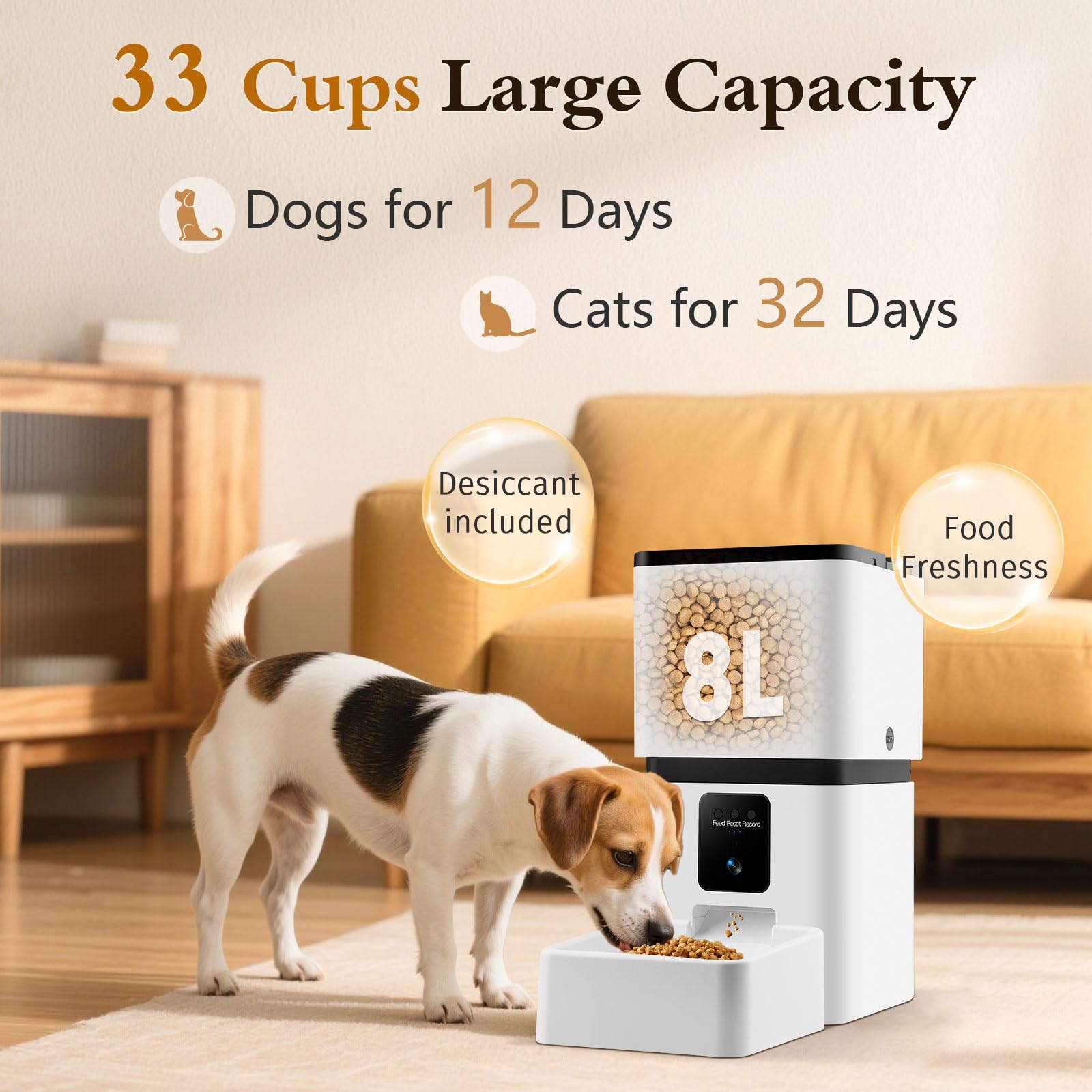 Yakry automatic dog feeder side profile in a modern kitchen