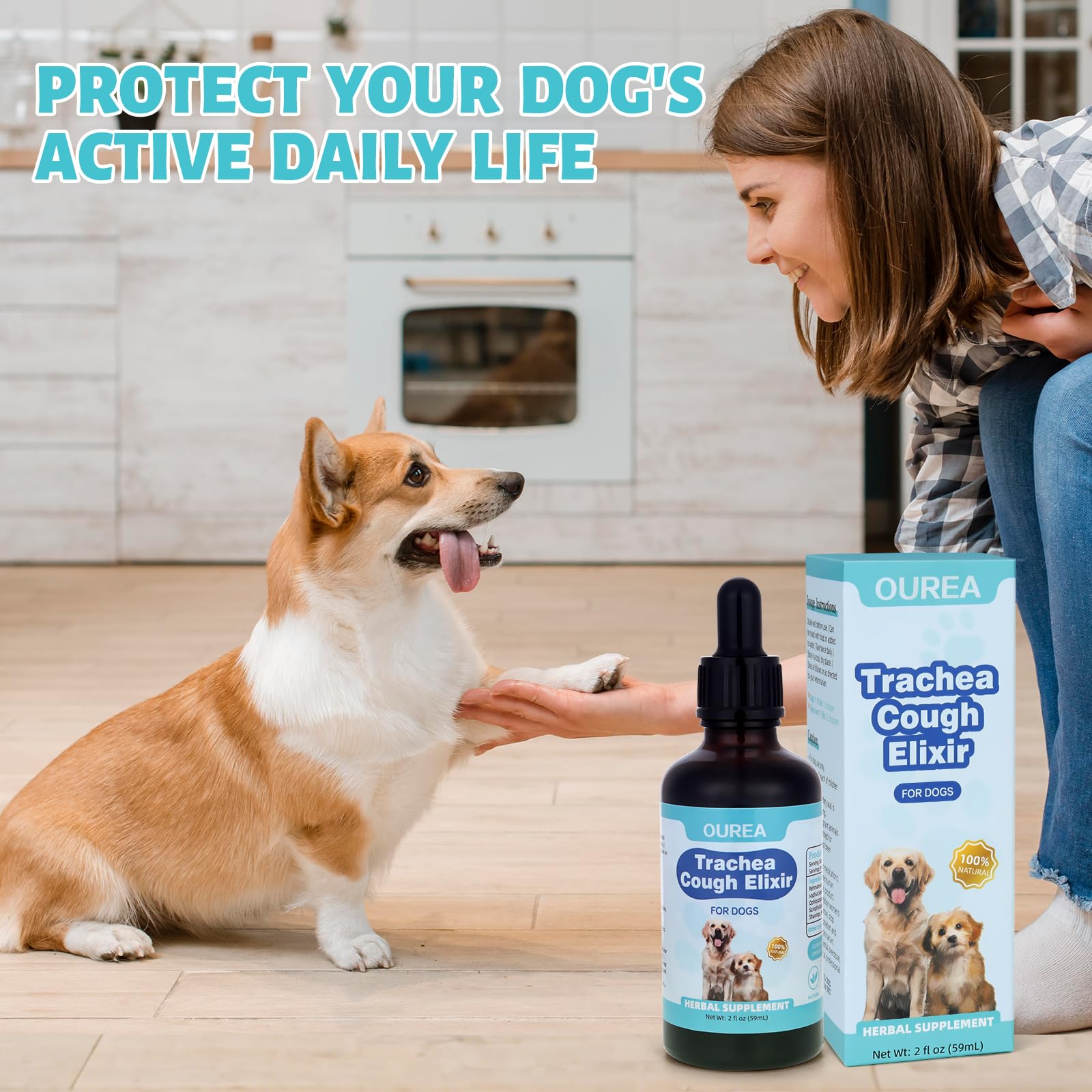 Yakucho trachea elixir dropper demonstrates easy dosing for canine respiratory care