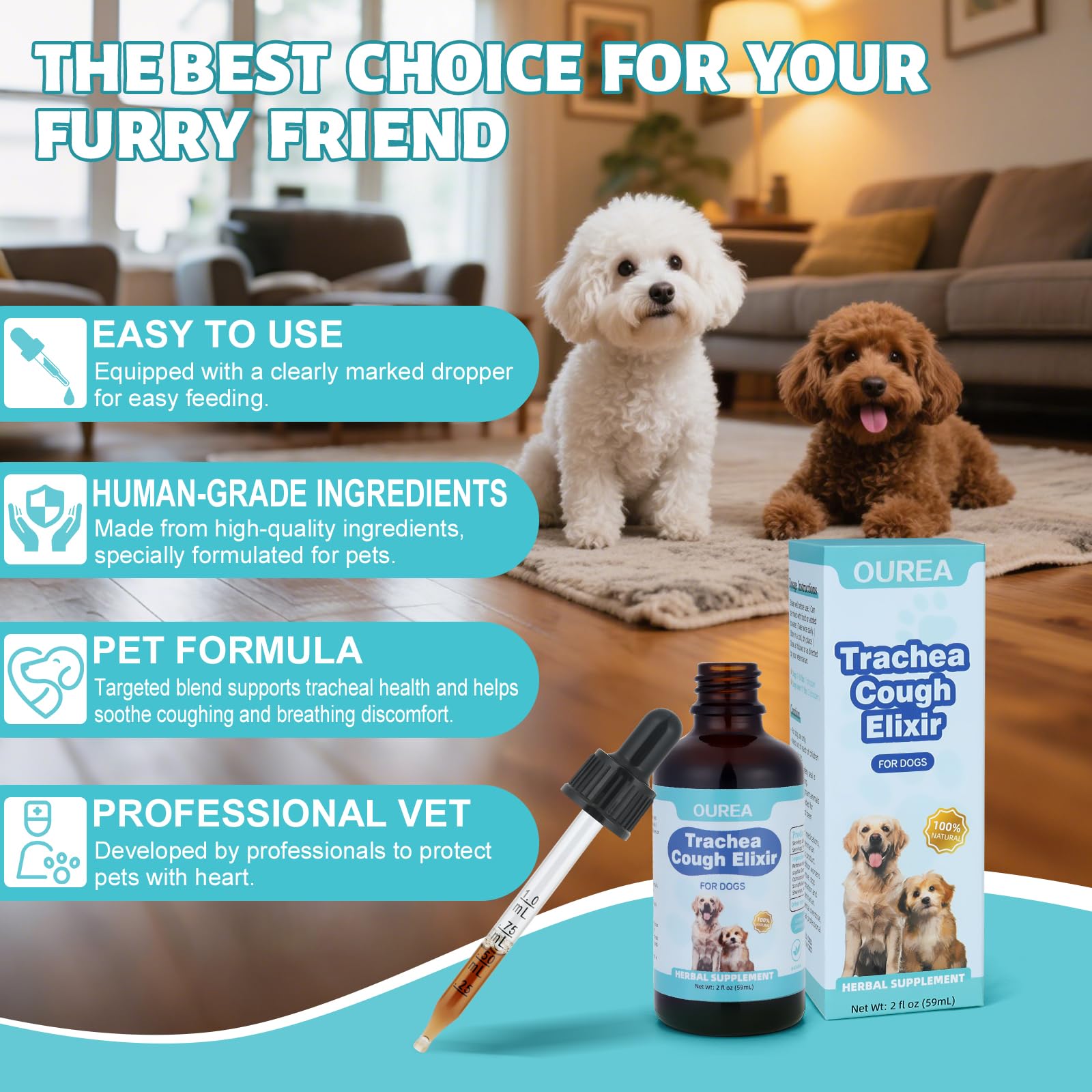 Yakucho bottle and droplet highlight natural, safe ingredients for pets of all sizes
