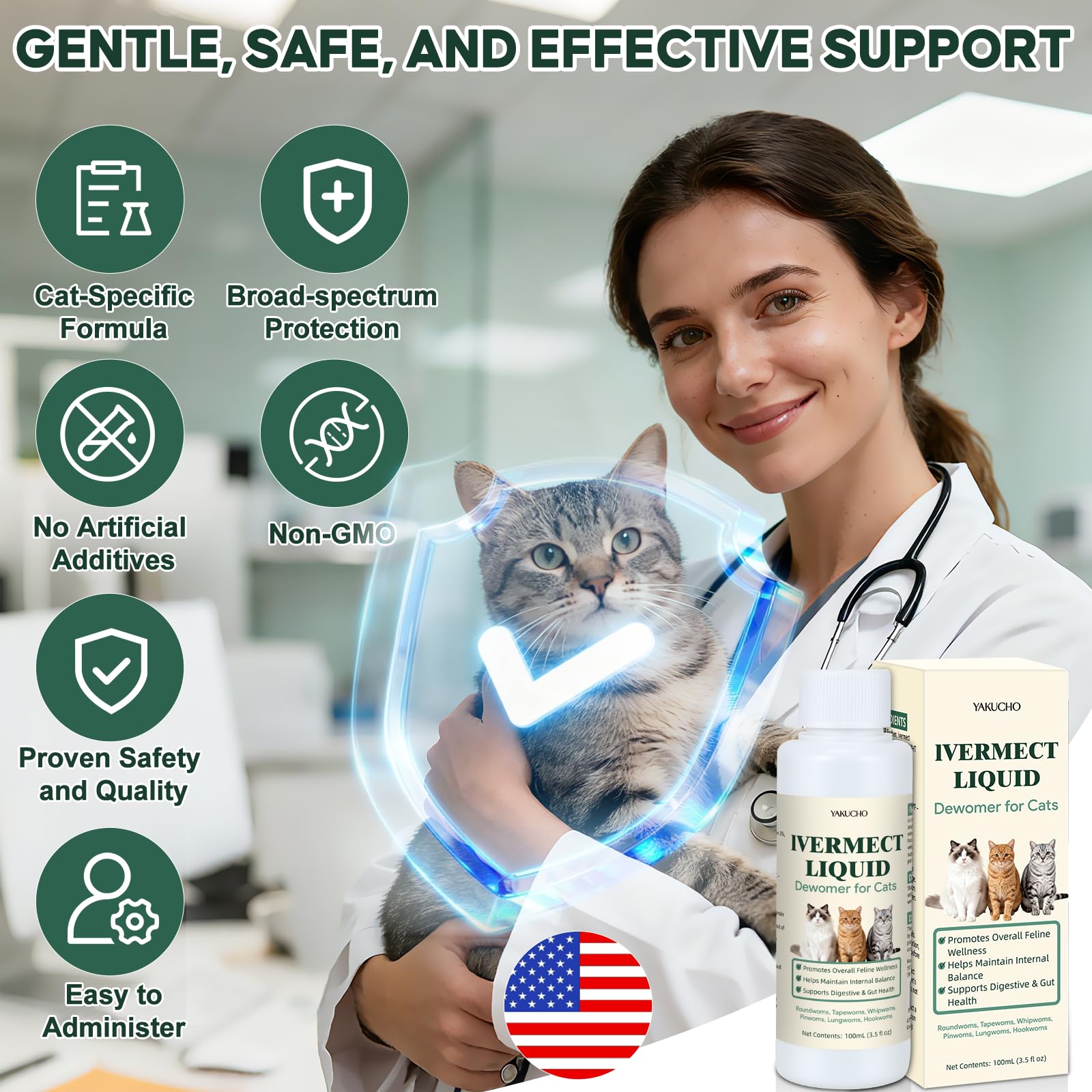 Yakucho pet-care scene with calm cat reflecting internal balance