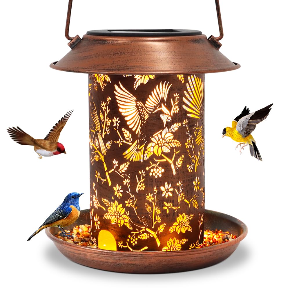 Yamodoor Cardinal Solar Bird Feeder lantern in daylight adds decorative outdoor ambiance
