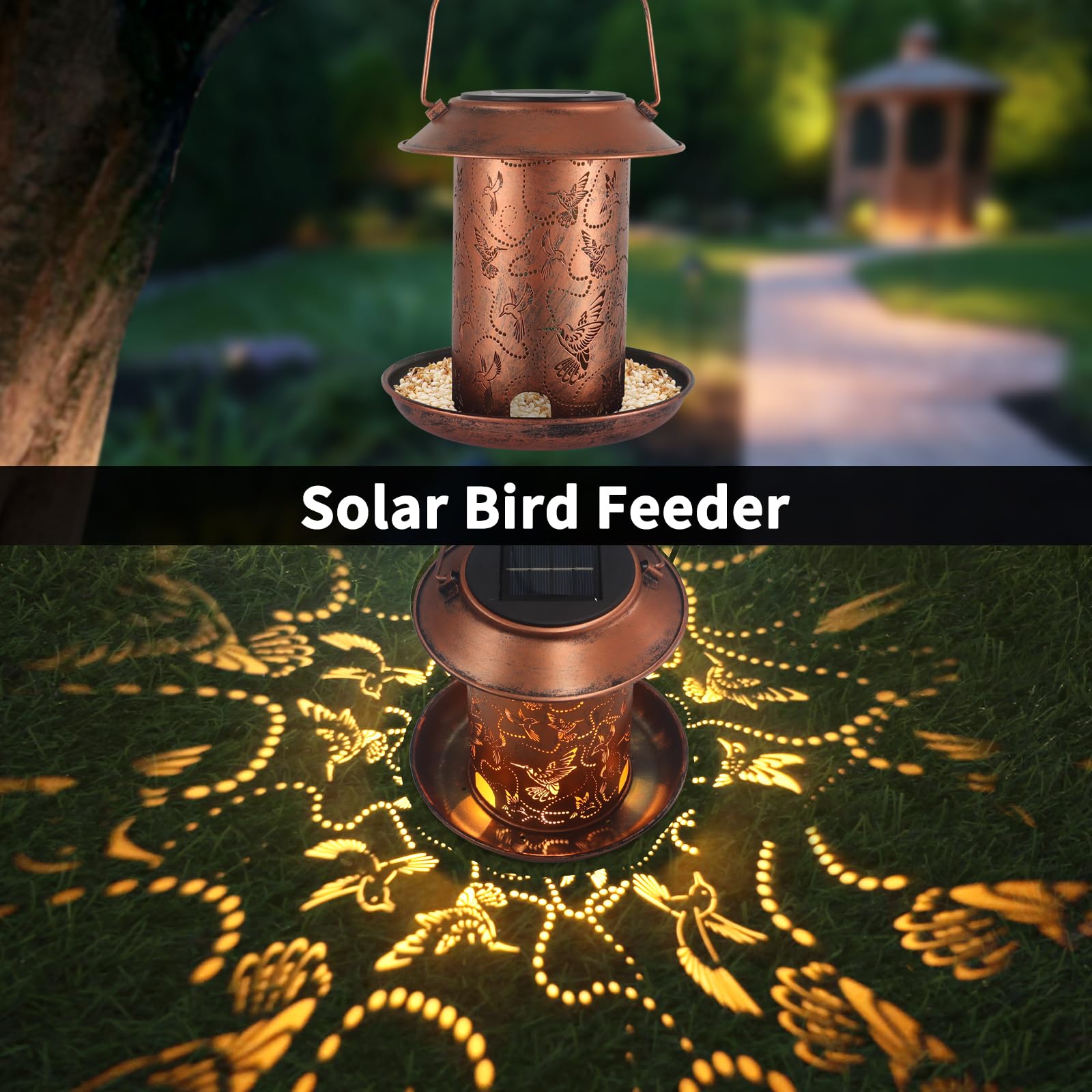 Yamodoor solar-lantern-hanging glows warmly, adding nighttime garden ambiance and bird-friendly lighting.