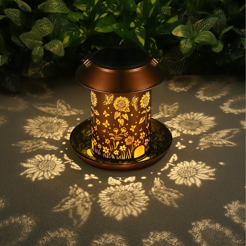 Yamodoor sunflower-pattern lantern detail, decorative solar lighting that enhances evening garden ambiance.