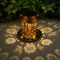 Yamodoor sunflower-pattern lantern detail, decorative solar lighting that enhances evening garden ambiance.