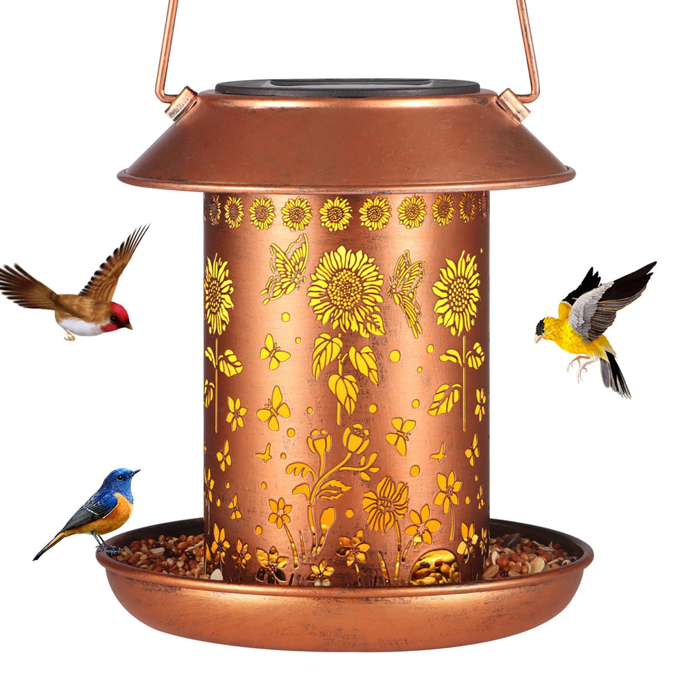 Yamodoor sunflower solar bird feeder front view, durable metal construction for outdoor longevity.