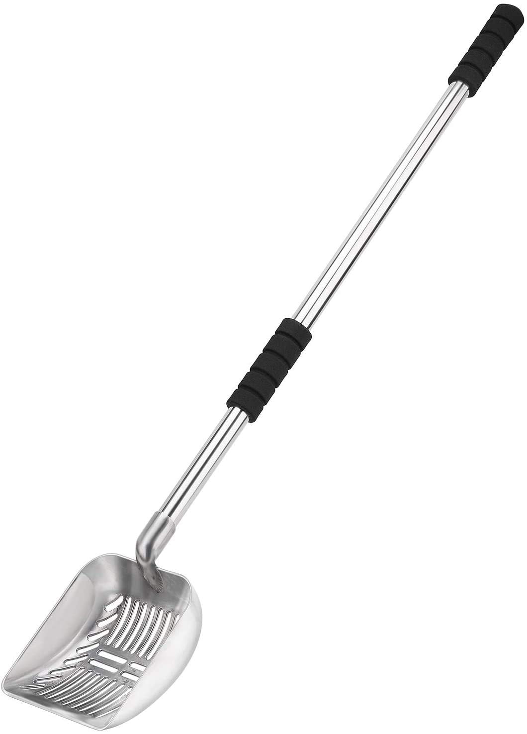 Yangbaga metal cat litter scoop long-handle for back-friendly cleaning.