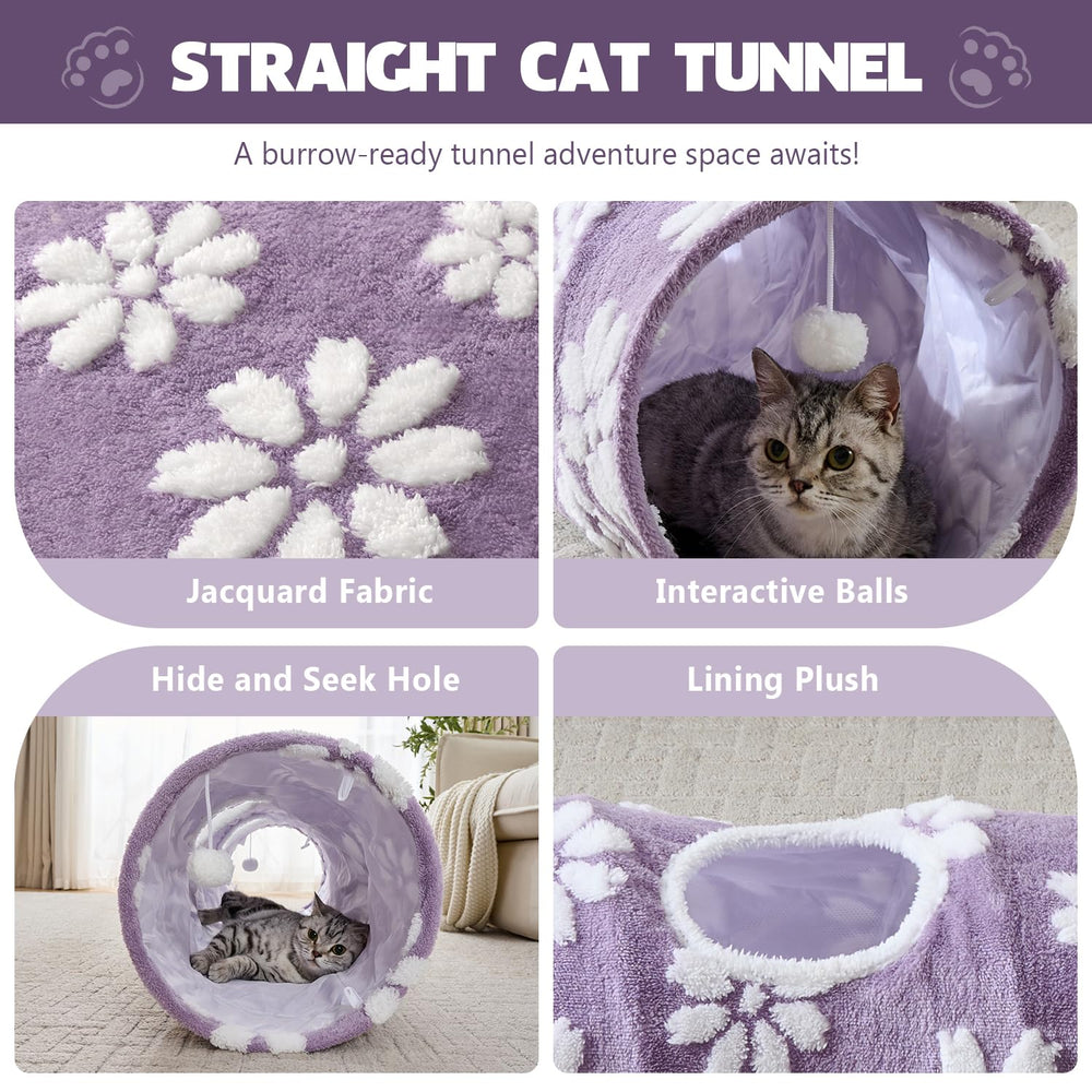 Yaning straight cat tunnel entrance with hanging balls for batting and swatting fun